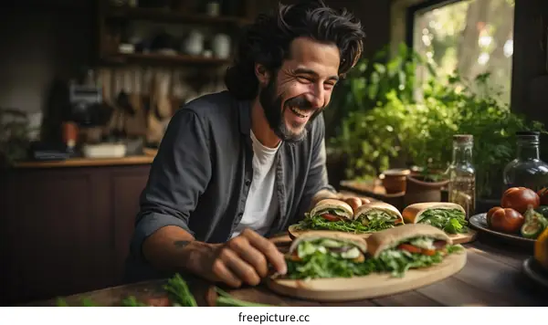 Laughing man making sandwiches in the kitchen