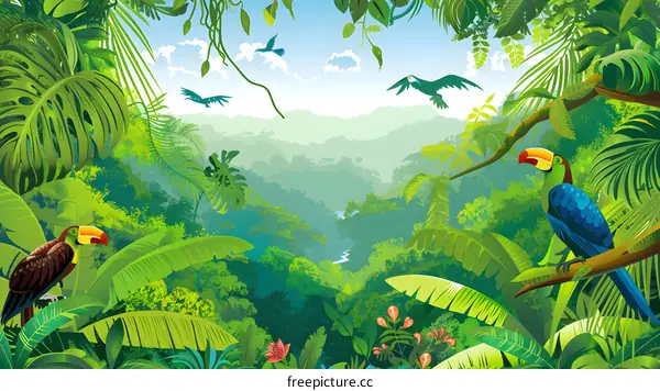 Tropical Rainforest Jungle Landscape Illustration with Toucans