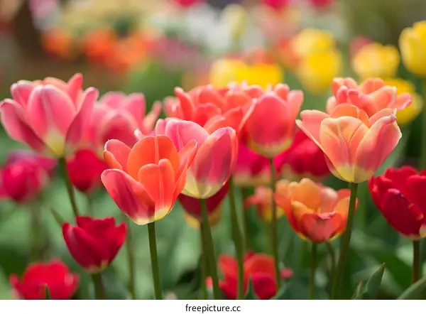 Closeup of Pink and Yellow Tulips in a Field