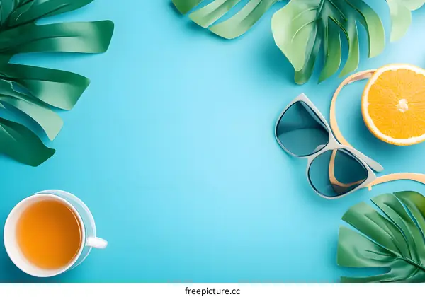 Tropical Summer Background With Tea Orange and Sunglasses