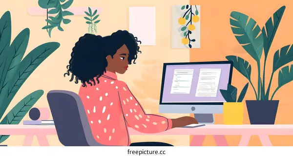 Black Woman Working at Home Office with Computer