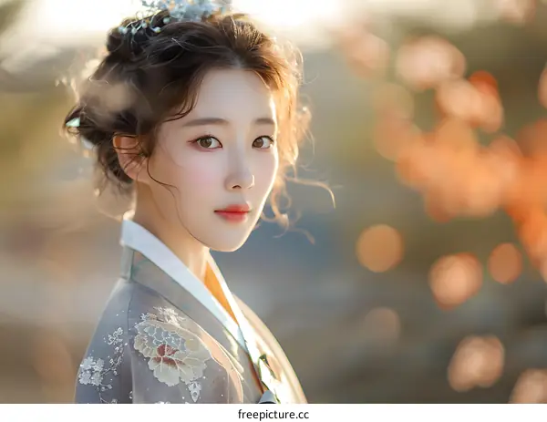 Portrait of a beautiful young Korean woman in traditional Korean dress, or hanbok