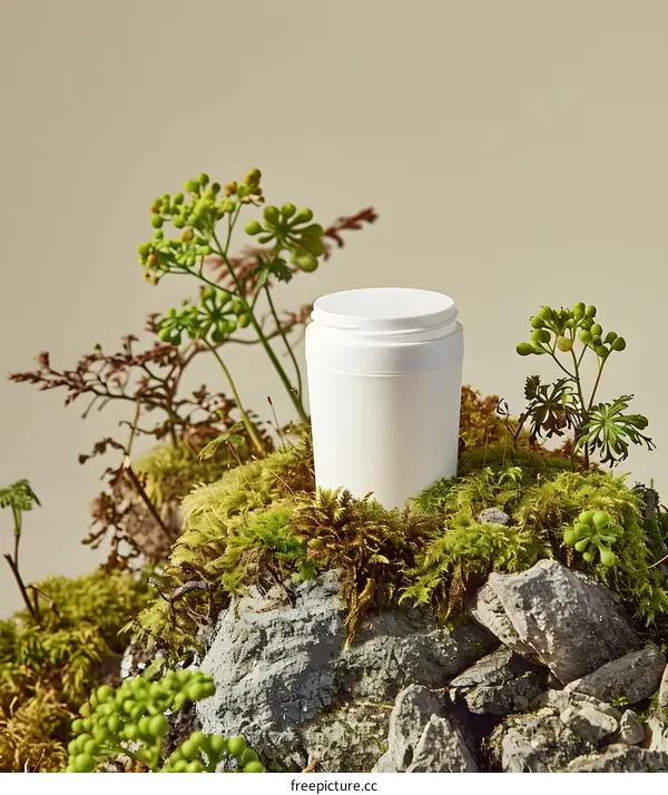 White Bottle On Rock With Moss