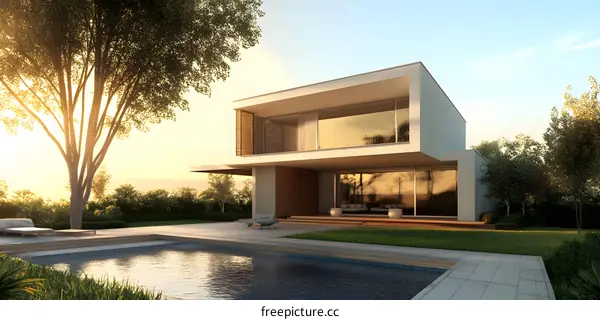 Modern Minimalist House with Swimming Pool and Large Windows
