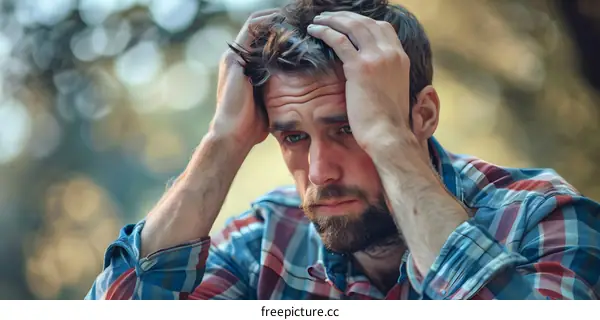 Bearded man holding his head and looking down
