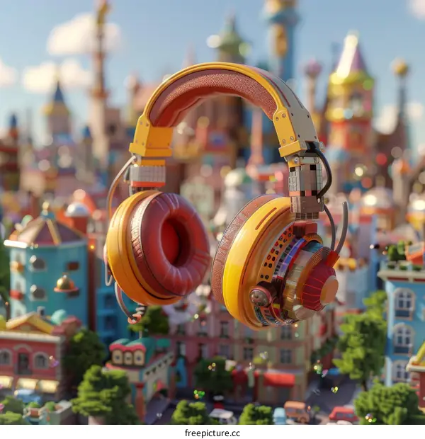 Surreal Headphones Floating Above Cityscape