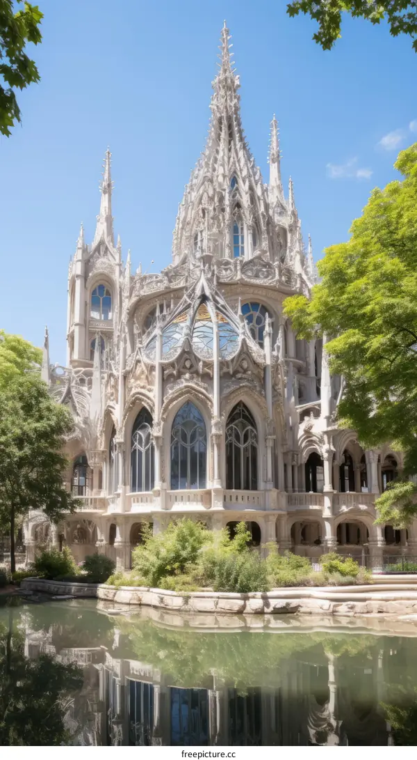 European style architecture with reflection on the water