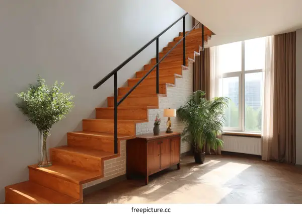 Wooden Staircase in Modern Interior with Large Window
