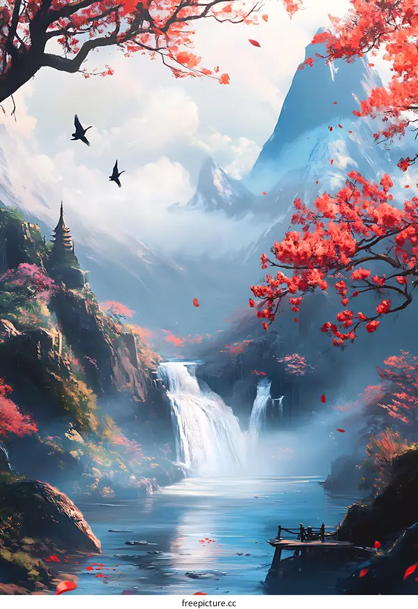 Waterfall in the Mountains with Cherry Blossoms