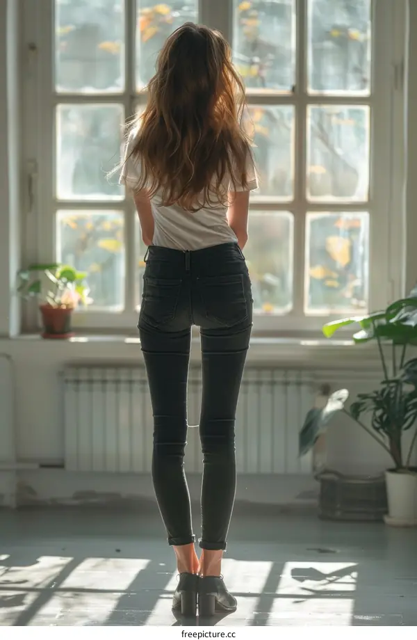 A woman standing in front of a window