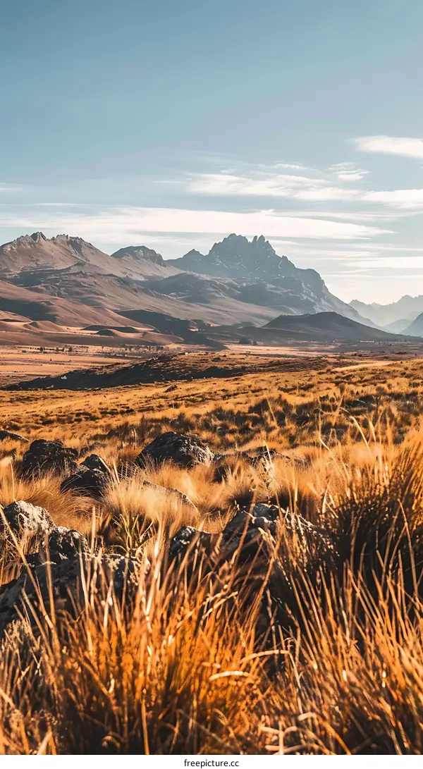 Golden Grass Field And Mountains Under Blue Sky