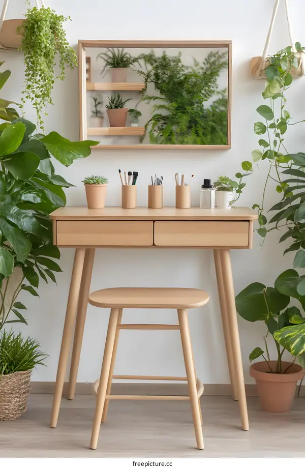 Wooden Vanity Table with Mirror and Plants