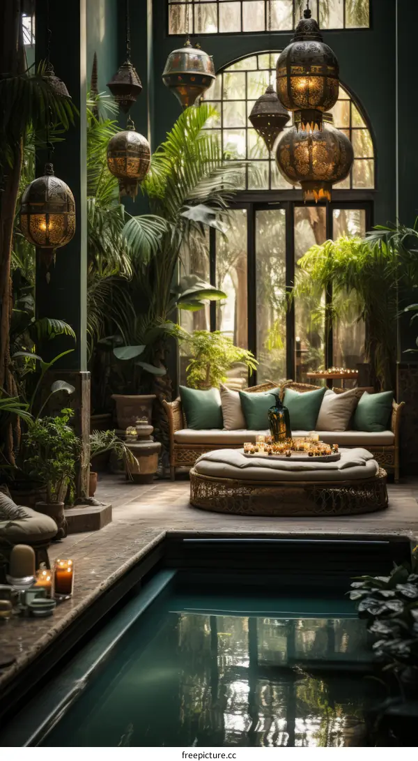 A luxurious living room with a pool and a lot of plants
