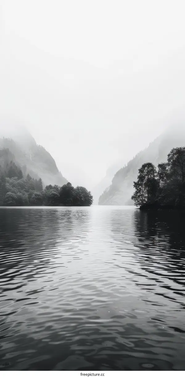 Black and white photo of a lake in the mountains