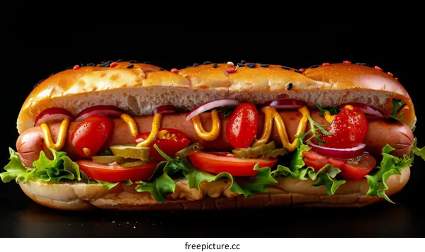 Hot dog with mustard and toppings