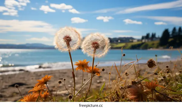 Two white dandelions on the beach with blurred background of the ocean and hills