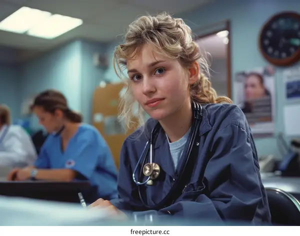 A young female doctor or nurse wearing a stethoscope around her neck