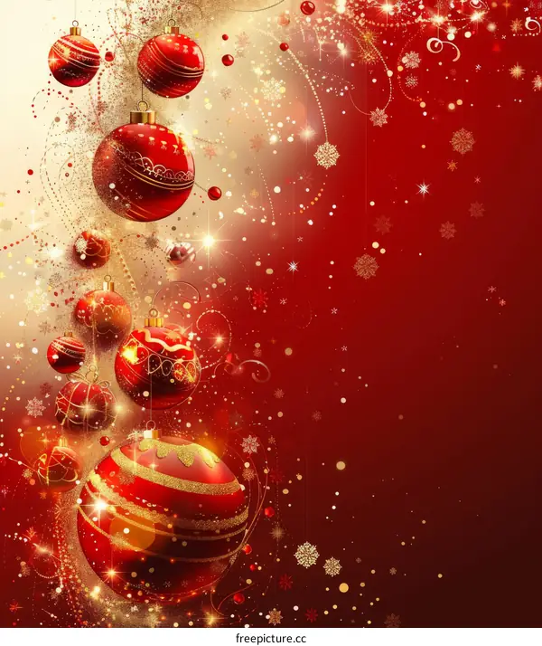 Christmas red and gold ornaments hanging on a red background with a golden glow