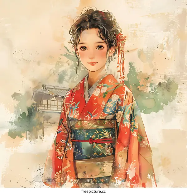 A beautiful Japanese girl in a kimono standing in a traditional Japanese house.