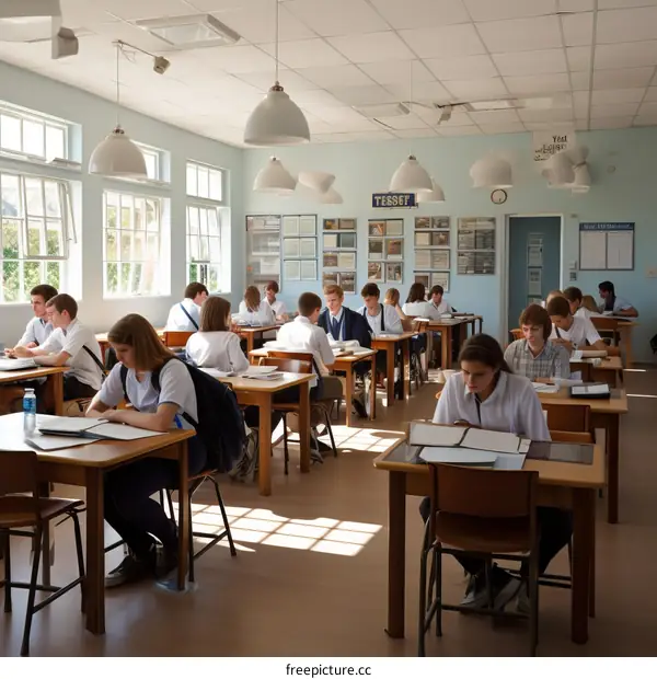 Classroom of students sitting at desks studying and talking