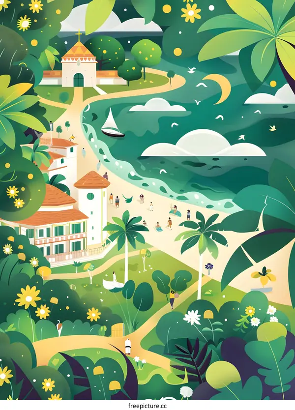 Tropical Island Beach Vacation Illustration