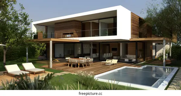 Modern House With Wooden Accents And Pool