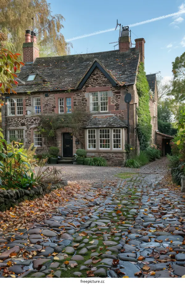 A stone cottage with a cobbled path leading up to it