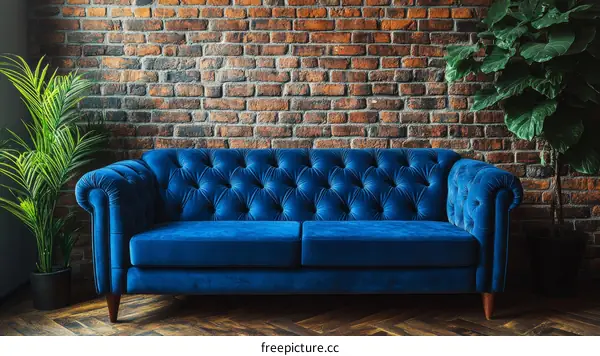 Luxurious Blue Velvet Sofa Against Brick Wall