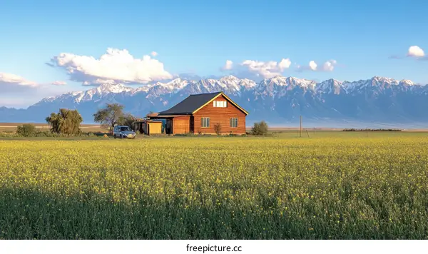 Mountain Scenery with a Cabin in a Field