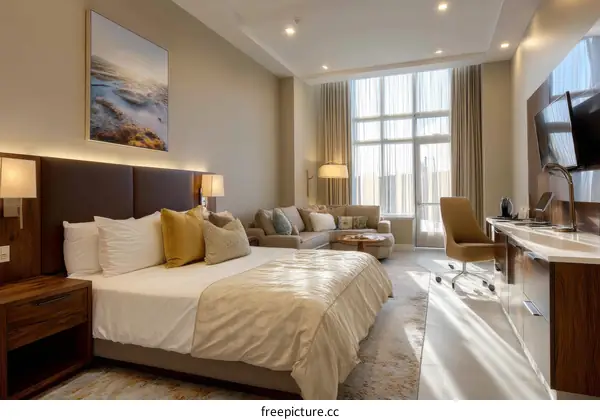 Modern Hotel Room with Large Window and Artwork