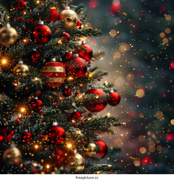 Red and gold ornaments on a Christmas tree