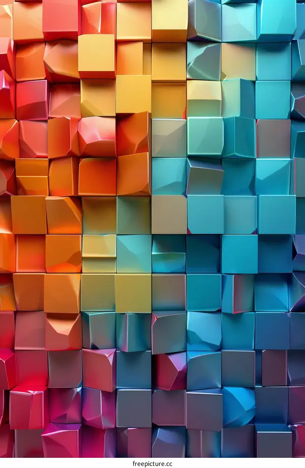 Colorful 3D rendering of a geometric cube background with a gradient from red to blue