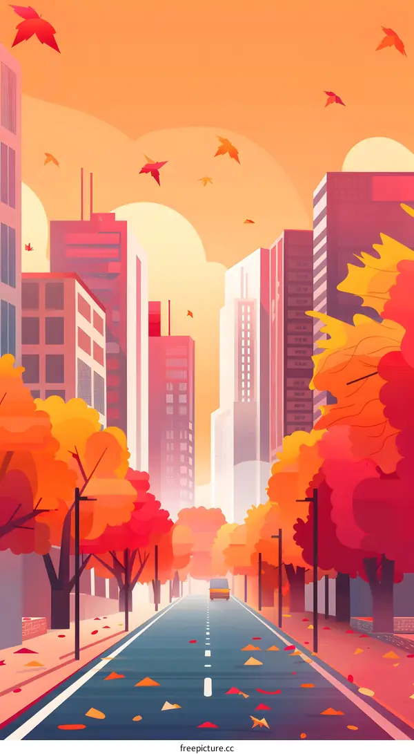 Autumn Cityscape with Yellow and Red Leaves