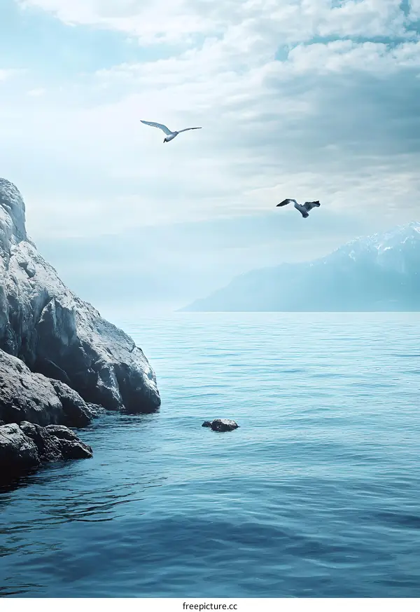 Seagull Flying Over Calm Ocean Water