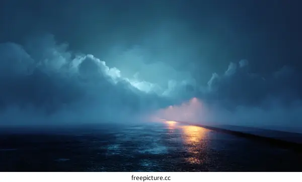 Rainy Night Road Under Stormy Clouds