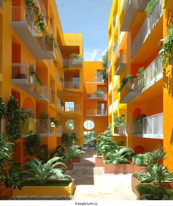 Vivid Orange Apartment Complex Courtyard