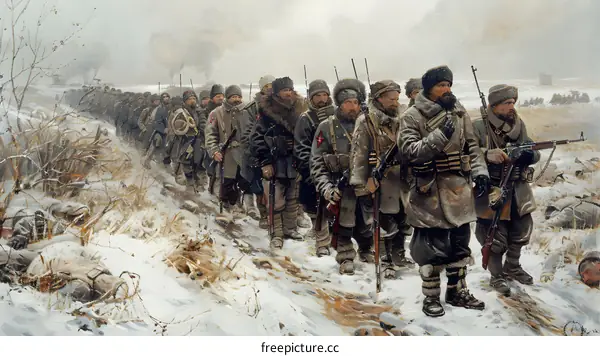 A group of soldiers marching through a snowy forest.
