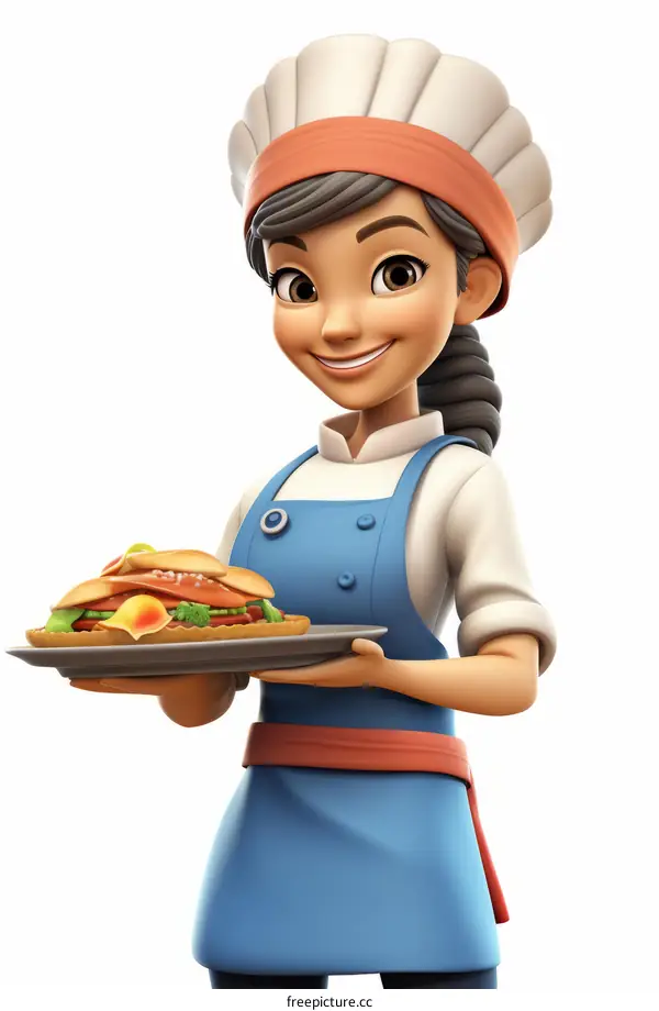 A 3D illustration of a female chef holding a plate of sandwiches