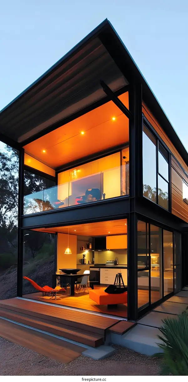 Modern Home with Large Windows and a Wooden Deck