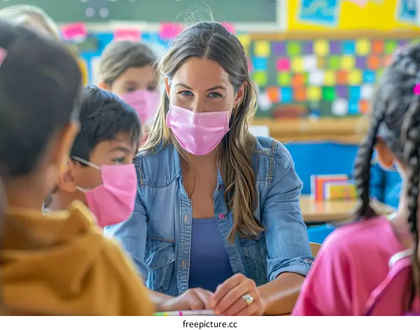 Teacher and students wearing pink masks in classroom