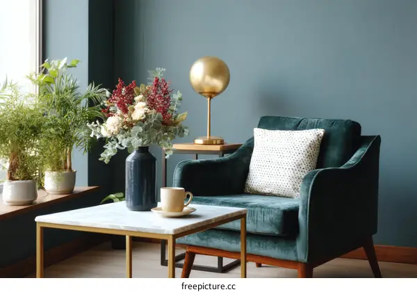 Modern Cozy Living Room Decor with Plants and a Velvet Chair