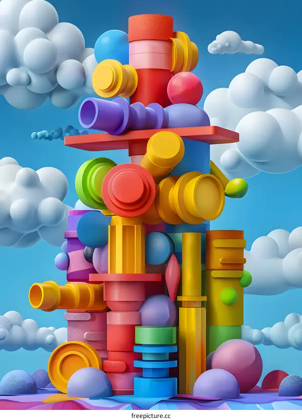 Colorful Abstract 3D Shapes and Clouds Illustration