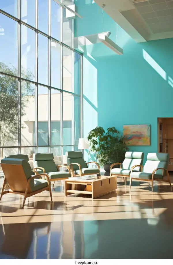 Elegant waiting area with blue wall and large windows