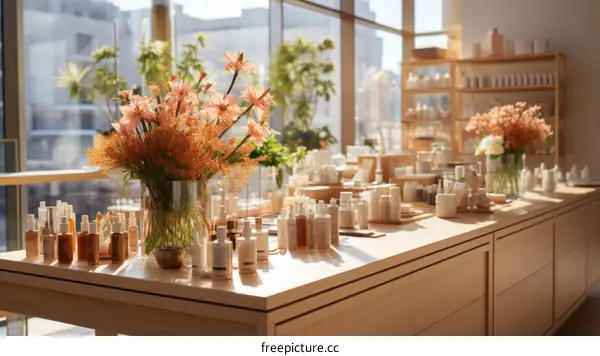 Natural Skincare Products Displayed on a Wooden Table with Peach Flowers