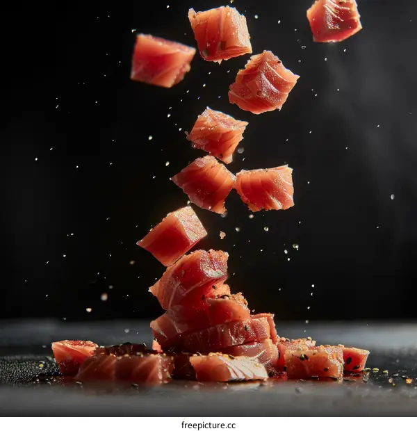 Falling pieces of raw tuna