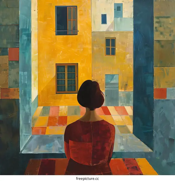 Woman Looking Through a Window at a Courtyard