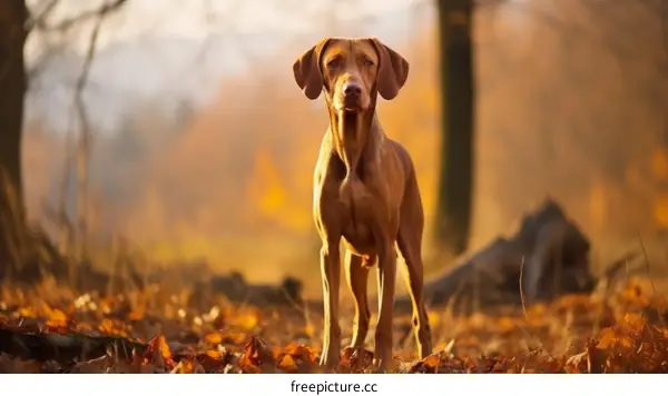 A Vizsla dog standing in a field of fallen leaves