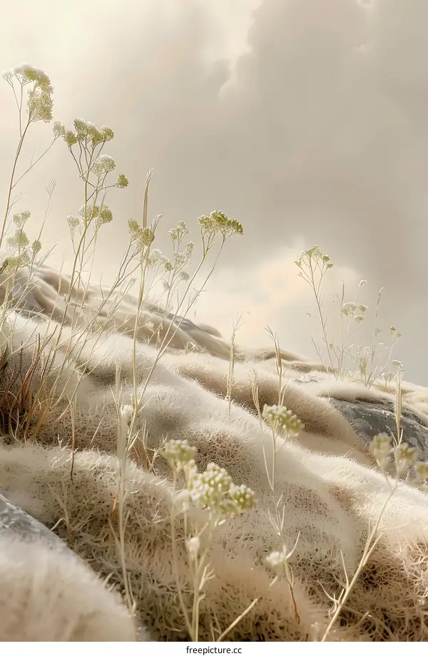Minimalist Aesthetic of Wildflowers and Fluffy Grass Under Cloudy Sky