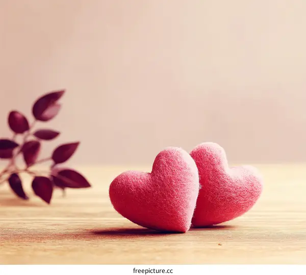 Two Pink Hearts on Wooden Table