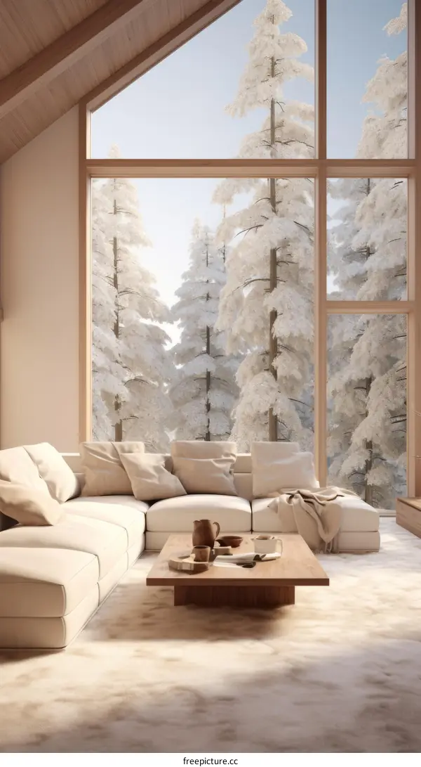 A Minimalist Living Room With a View of Snowy Trees